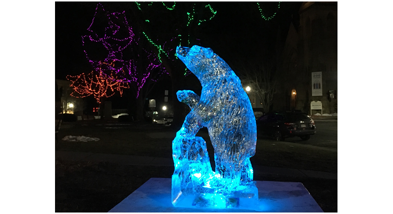 illuminated bear ice sculpture from Winter Carnival